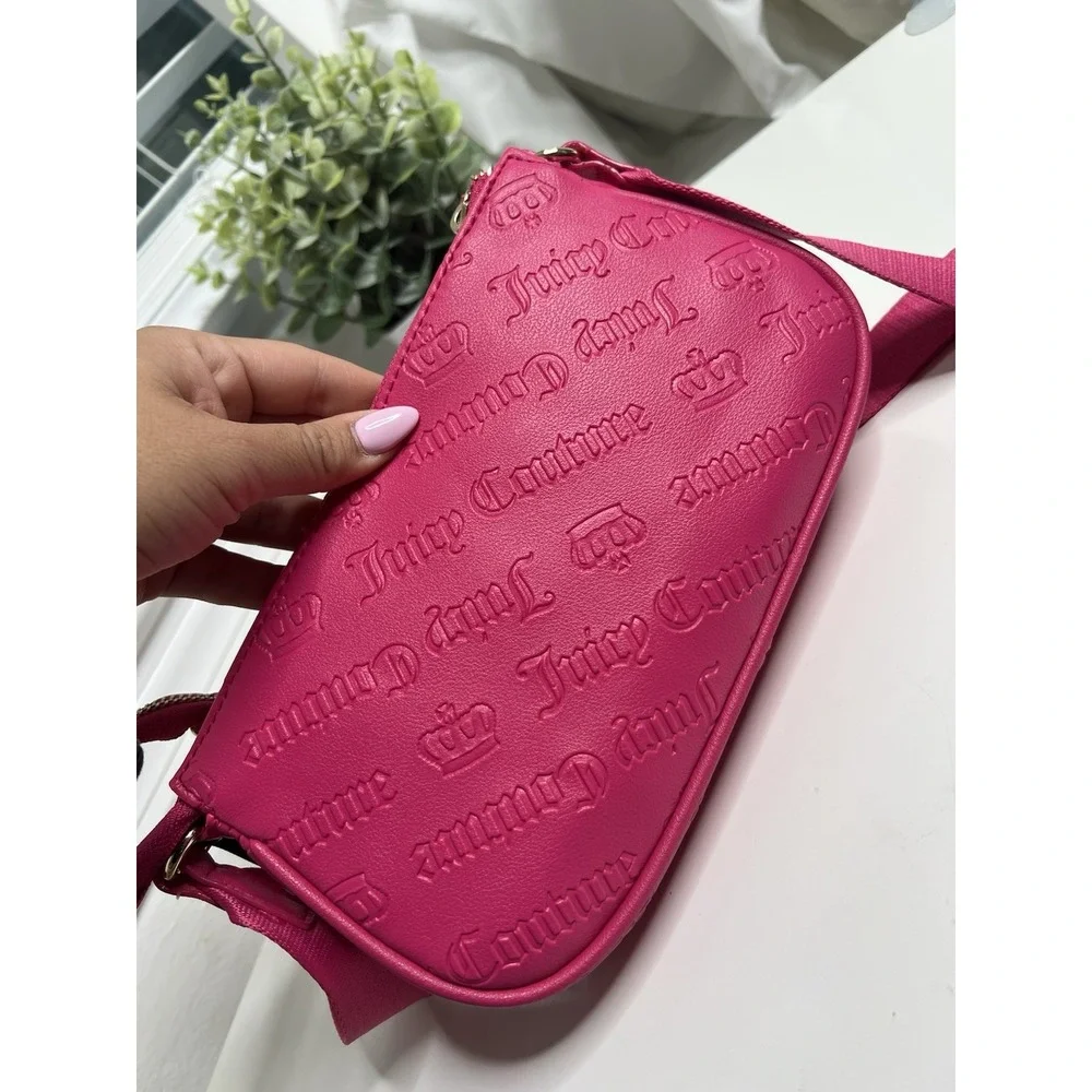 Juicy Couture Double Trouble Crossbody Bag Hot Pink Purse Gold Chain Pockets Zip
